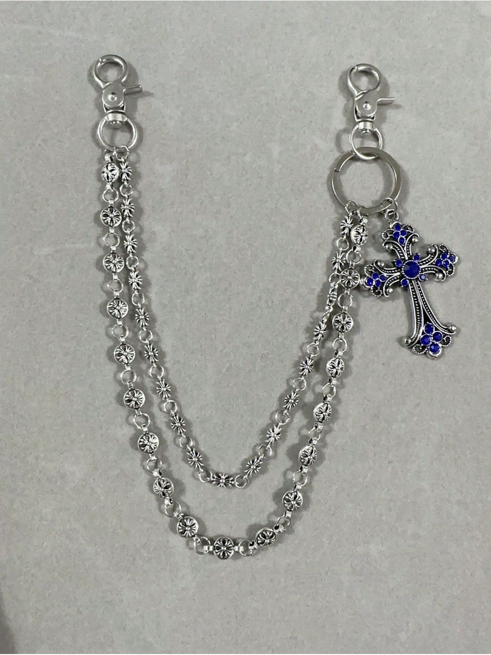 Silver-Tone Double Chain Cross Charm Wallet Chain with Blue Accents